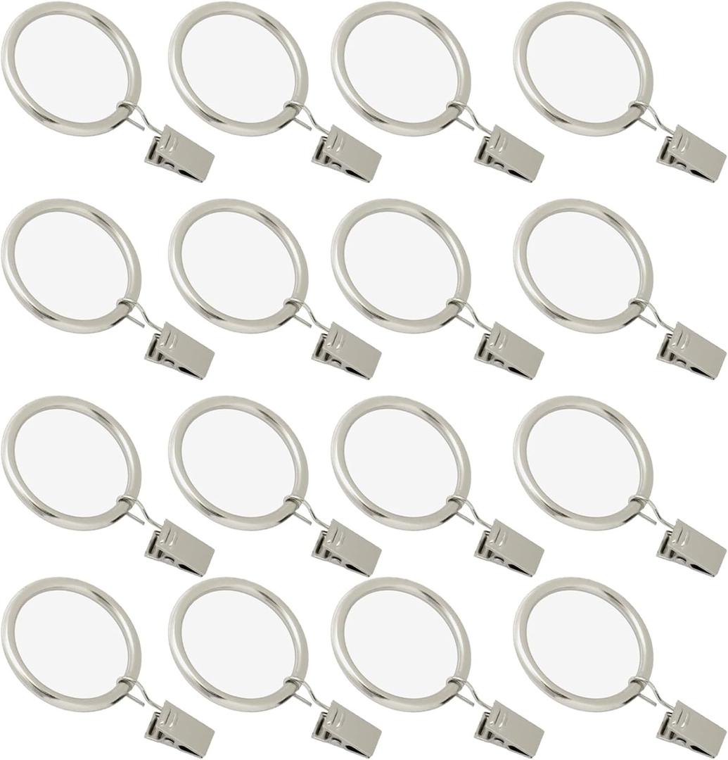 16 Pack Curtain Rings with Clips, Window Clip Rings Curtain Hooks Hangers Clip Rings for Hanging Drapery Drapes Bows, Mini 1 Inch Diameter, Fits up to 5/8" Rod, Matte Silver