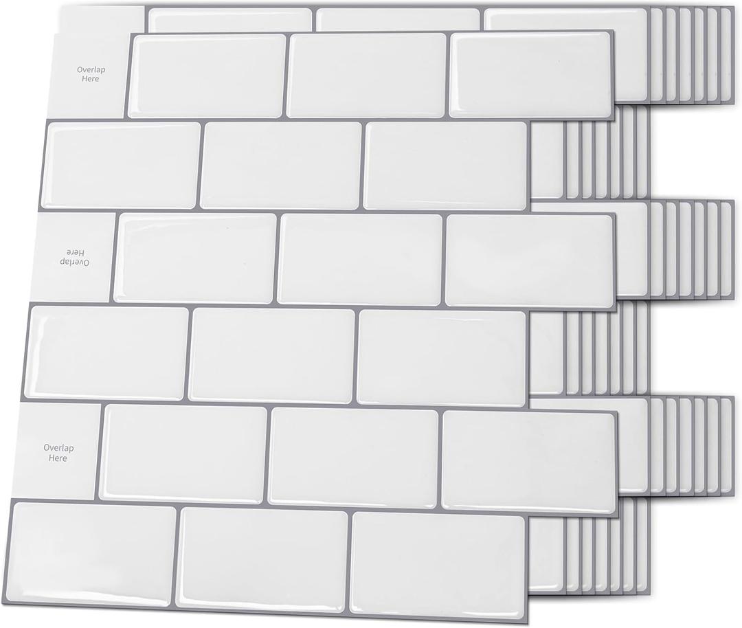 Art3d Backsplash Tile for Kitchen Peel and Stick, 10-Sheet Stick on Subway Tiles for Kitchem, Bathroom Back Splashes, 12"x12", Warm White with Gray Grout (Warm White with Gray Grout)