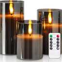 Homemory Grey Glass Flameless Candles, Battery Operated LED Pillar Candles with Remote Control and Timer, Radiance Candles, Real Wax, Set of 3,D3 xH4 5" 6" (Gray)