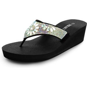 DREAM PAIRS Women's Rhinestone Platform Wedge Flip Flops Summer Beach Comfortable Thong Sandals,Size 8,Multi Flower,SDFF2401W