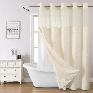 Eachope Cream No Hook Shower Curtain and Fabric Liner Set, Boho Tufted Chevron Striped and Shabby Chic Textured Shower Curtain with a See-Through Top Window, Hotel Décor, 71" W x 98" H
