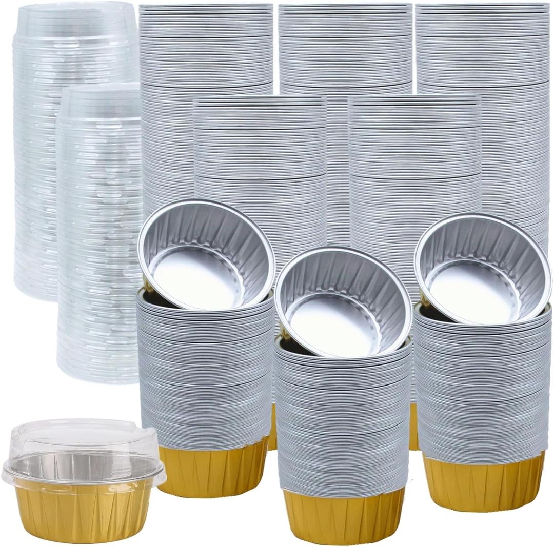 150 Pack Disposable Ramekins with Clear Lid, 5oz Golden Mini Cupcake Tins, Aluminium Foil Baking Cups for Muffin Tart Pie Tin Pan Holder for Party Favor Birthday Wedding