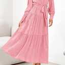 Dowerme Women's Casual Dresses 2025 Fall Fashion Long Sleeve Button Up Floral Print Belted Tiered Boho Maxi Party Dress (Pink, XXL)
