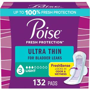 Poise Ultra Thin Incontinence & Postpartum Pads with Wings for Bladder Leaks, 3 Drop Light Absorbency, Regular Length, 132 Count