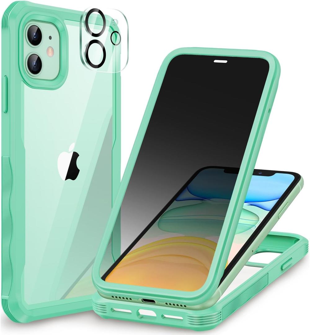 CENHUFO Privacy for iPhone 11 Case, Full Body Phone Case with Built-in 9H Tempered Glass Privacy Screen Protector and Camera Lens Protector, Anti Peep Spy Shockproof Bumper Clear Cover - Green