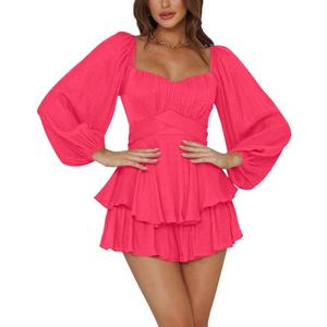 LYANER Women's Jumpsuit Lantern Long Sleeve Ruffle Layer Tie Mini Short Romper, Red Pink, Medium