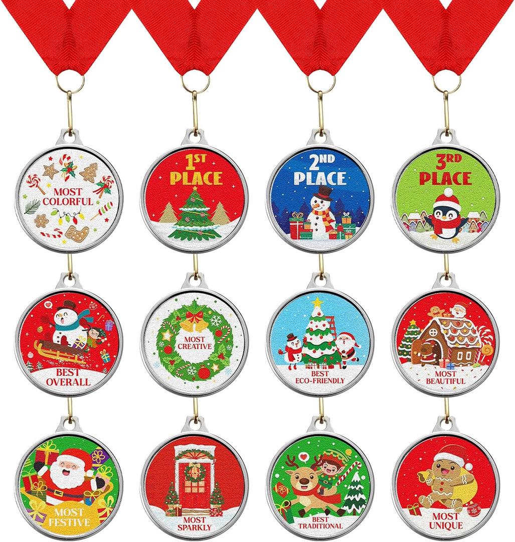 Cholemy 12 Pcs Christmas Medal Awards 2'' 12 Style Christmas Contest Prizes Medals for Xmas Decorating Party Ornament Supply