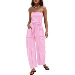 LAMISSCHE Womens Casual Strapless Jumpsuits off the Shoulder Summer Rompers Sleeveless One Piece Outfits with Pockets (Pink, L)