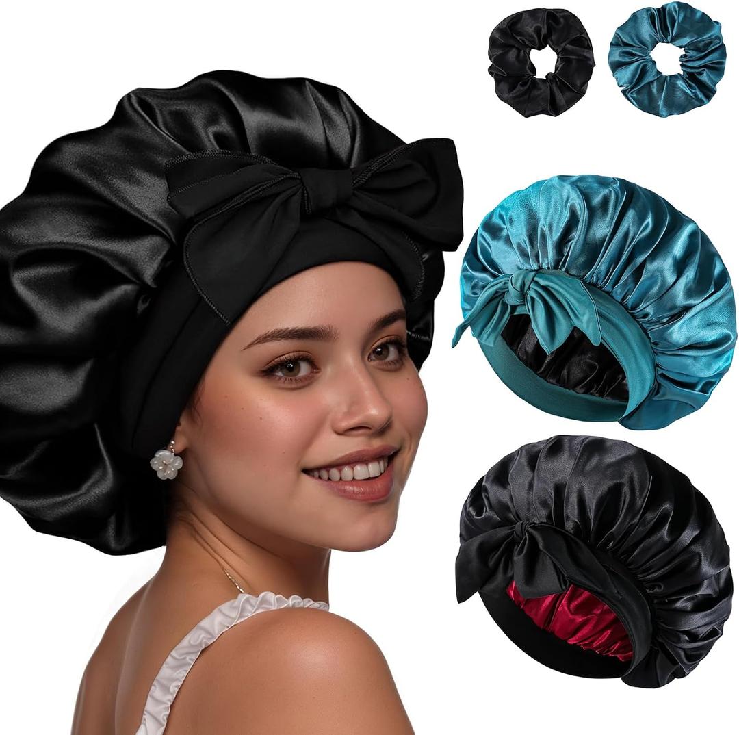 4PCS Satin Bonnet Double Layer Silk Sleep Cap for Sleeping Hair Bonnets with Elastic Tie Band for Curly Natural Hair