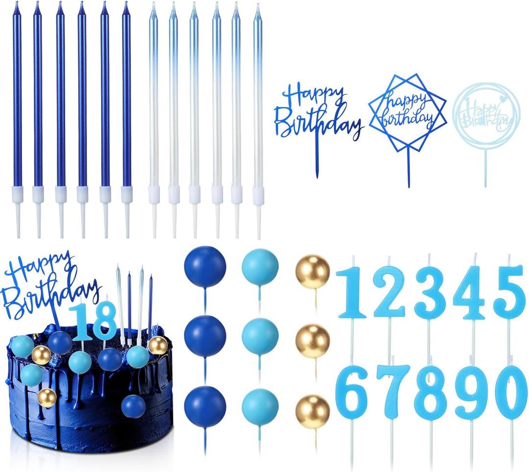 Yerliker 34 Pcs Happy Birthday Cake Toppers Decorations Birthday Candles DIY Cake Decor for Men Women Wedding Anniversary(Navy Blue)