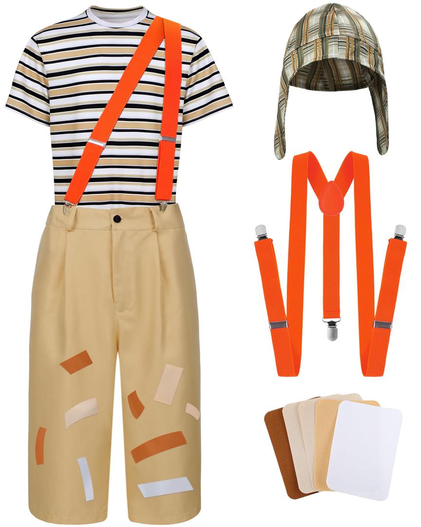 Ramede 9 Pcs Adults Halloween Sitcom Costume Set Striped T-shirt Pants Hat Suspenders Repair Patch for Cosplay Outfits(M)