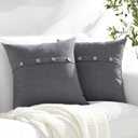 Meekio Set of 2 Dark Gray Square Pillow Covers 18 x 18 Farmhouse Linen Pillow Covers with Coconut Buttons for Sofa Couch Living Room Bedroom Farmhouse Dcor for The Home Housewarming Gifts