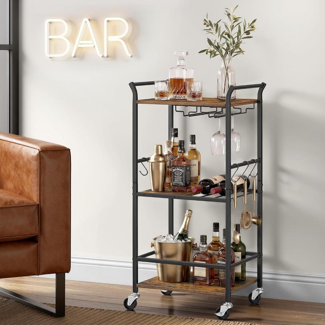 VASAGLE Bar Cart with Wheels, Drink Cart with Wine Rack and Glass Holder, 17.5"D x 12.6"W x 33.7"H