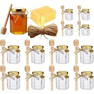 Adabocute 4oz Hexagonal Honey Jars - Glass Honey Jars with Gold Lids, Wooden Dippers, Bee Charms and Jutes - Hexagon Jars for Baby Shower, Wedding and Party Favors, 12 Pack