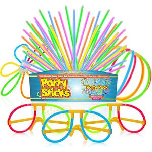 PartySticks Ultra Bright Bulk Party Supplies - Glow in The Dark Glow Sticks with Eye Glasses, Bracelets, and Connectors - Light Up Halloween 4th of July Party Favors 100 Packs