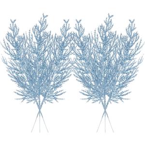 Christmas Glitter Stems 24pcs Artificial Pine Tree Picks for Christmas Tree Ornaments fillers, DIY Xmas Wreath, Crafts, Garland, Holiday, Party, Wedding and Home Decoration (Light Blue)