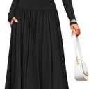 ZESICA Women's Long Sleeve Fall Maxi Dress 2026 Crewneck Knit Casual Slim Swing Pleated Dresses with Pockets (Black, M)