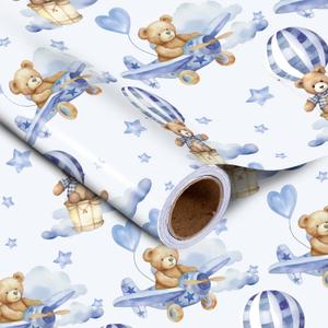 LeZakaa Baby Bear Wrapping Paper Roll, Blue Teddy Bear in Hot Air Balloon Design for Baby Boy Birthday, Baby Shower, Mini Roll, 17 inches x 32.8 Feet (46.45 sq.ft.)