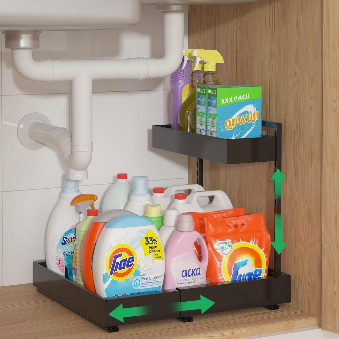 REALINN Expandable Under Sink Organizers and Storage, 2 Tier Under Cabinet Organizer, Heights Adjustable Pull Out Rack for Kitchen Bathroom Laundry, Black, 1 Pack