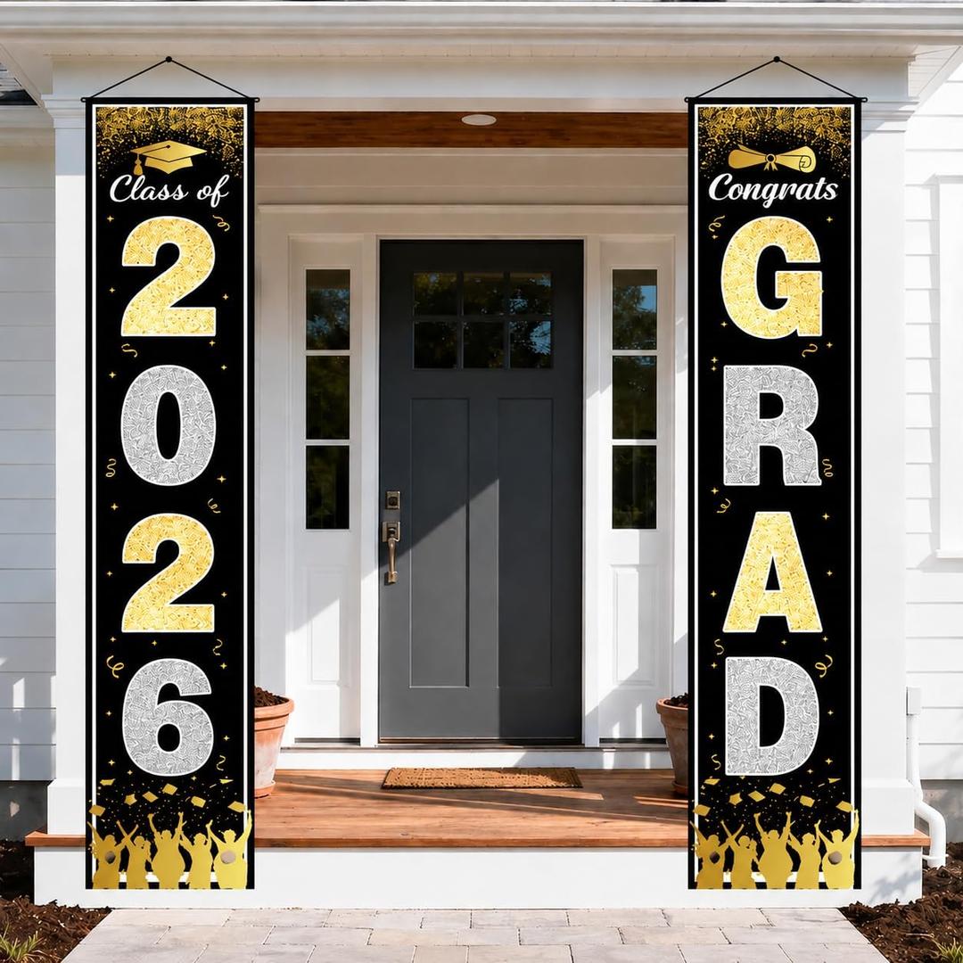 3 x OHOME Graduation Decorations 2026 2027 - Black Gold Congrats Grad Porch Banner for Graduation Party Decorations - Class of 2026 - Party Favors Supplies Backdrop Yard Signs Decor (Black)