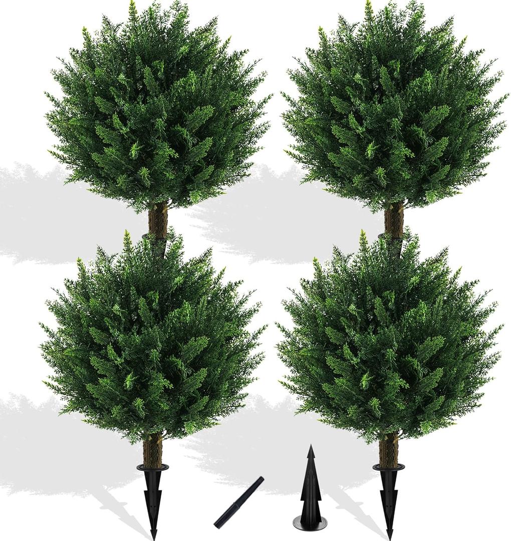 Artificial Cedar Topiary Ball Tree with Ground Spike, Set of 4 UV Resistant Artificial Bushes for Outdoors Faux Shrubs, Weatherproof Fake Round Cypress Ball Bushes Plant for Front Porch