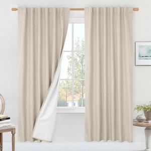 LAMIT 100% Blackout Oatmeal Linen Curtains, 80 Inches Linen Textured Thermal Bedroom Drapes Back Tab and Rod Pocket Neutral Panels with White Liner for Living Room, 2 Panels, 52 x 80 Inch