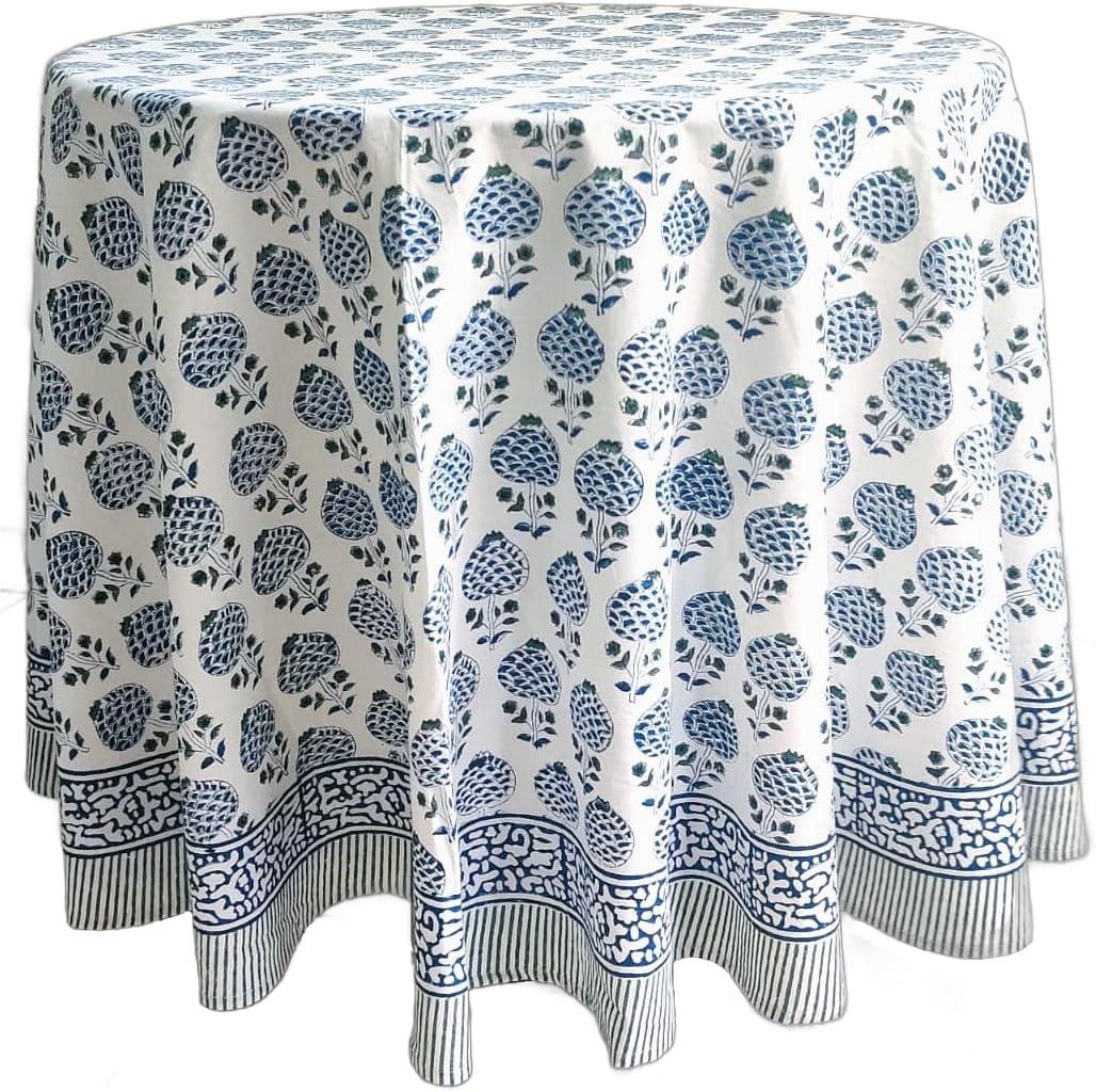 ATOSII Roma Blue 100% Cotton Boho Round Fall Tablecloth, Handblock Floral Print Table Cloth Linen for Kitchen Dining I Parties, Outdoors, Weddings, Christmas, Thanksgiving Decor 72" Inches Diameter