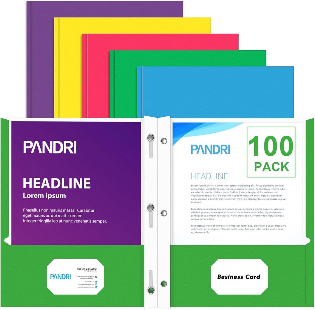 Two Pocket Folders, PANDRI 100 Pack Two Pocket Folders with Prongs, Designed for Office and Classroom, Assorted 5 Colors 2 Pocket 3 Prong Folders