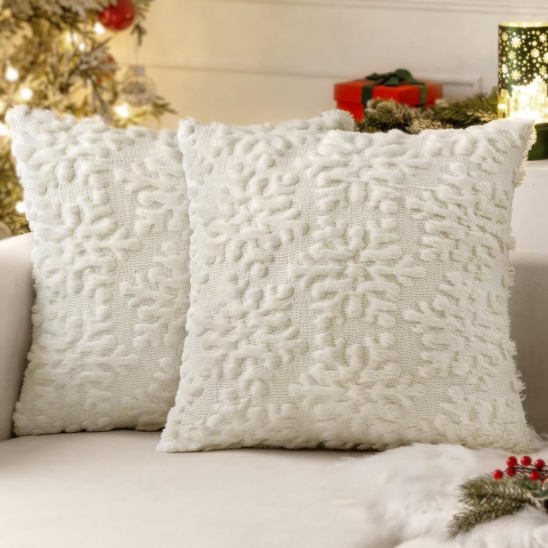 MIULEE Cream White Throw Pillow Covers Christmas Snowflakes Decorative Pillow Covers 18x18 InchFaux Wool Winter Pillow Covers Set of 2 Farmhouse Couch Pillows Home Decors for Sofa Livingroom Bed (18" x 18" (Pack of 2), Cream White)