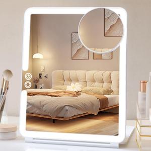FUNTOUCH Rechargeable Large Travel Makeup Mirror with Lights, 1800mAh 10x7.5 Portable Lighted Makeup Mirror with 3 Color Lights, Dimming Folding Light Up Travel Mirrors with 10X Magnifying Mirror (White)