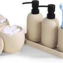 6-Piece Bathroom Accessories Set - Resin Bathroom Set, Lotion Dispenser, Tumbler, Vanity Tray, Cotton Swab Jars with Lids, Bathroom Organizer, Elegant Bath Decor for Home Dorm Hotel Countertop (Beige)