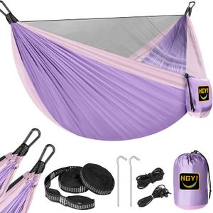 Camping Hammock Mosquito Net, Double & Single Portable Hammocks for Kids Hammocks with 2 Tree Straps, Hammock Tent for Travel Camping, Camping Accessories for Indoor Outdoor Hiking Backpacking, Purple Pink Small