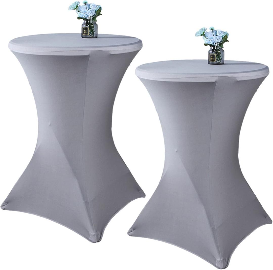 2 Pack 24x43 Inch Grey Cocktail Tablecloth Spandex Round Fitted Table Cover for Wedding Banquet Event Party