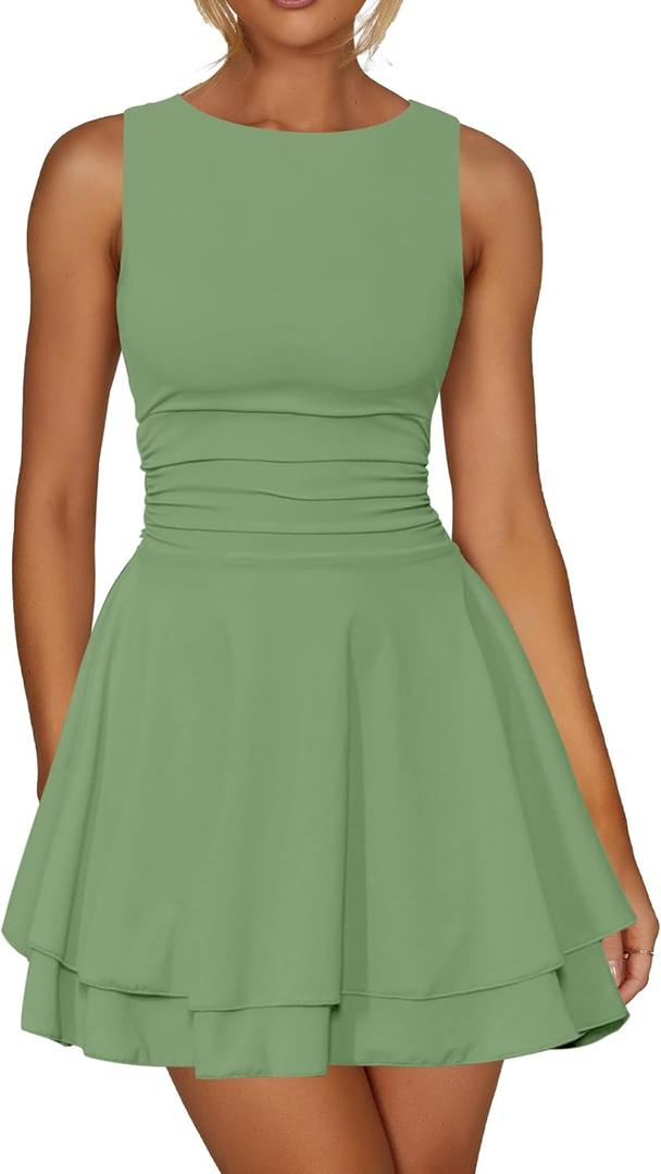 Kaximil Women's Ruffle Hem Boat Neck Mini Dress Sleeveless Ruched Corset Short Party Dresses (Medium, Pea Green)