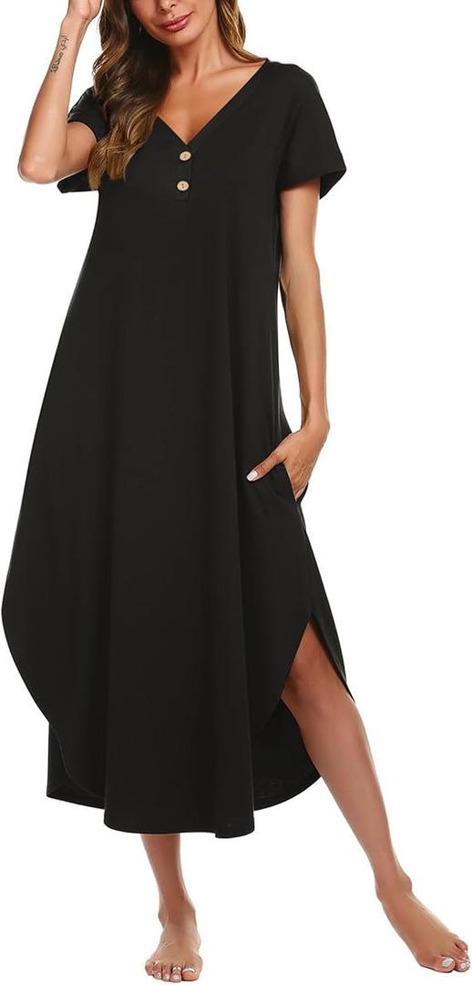 Ekouaer Long Nightgowns for Women Button Night Gowns Short Sleeve Sleepwear Full Length Sleep Shirts With Pockets, Size Medium
