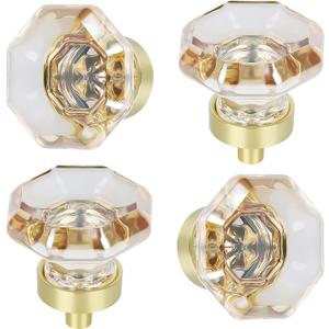 4 Pack Glass Cabinet Knobs and Pulls,Octagon Champagne Crystal Knobs for Dresser Drawer with Satin Brass/Brushed Gold Base 4 Pack Glass Cabinet Knobs and Pulls,Octagon Champagne Crystal Knobs for Dresser Drawer with Satin Brass/Brushed Gold Base