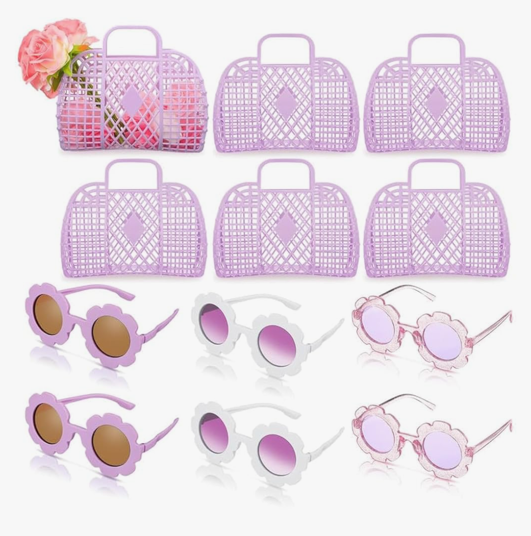Sweetude 12 Pcs Jelly Bags with Sunglasses Jelly Purse Basket Reusable Tote Beach Handbags for Women Girls Kid