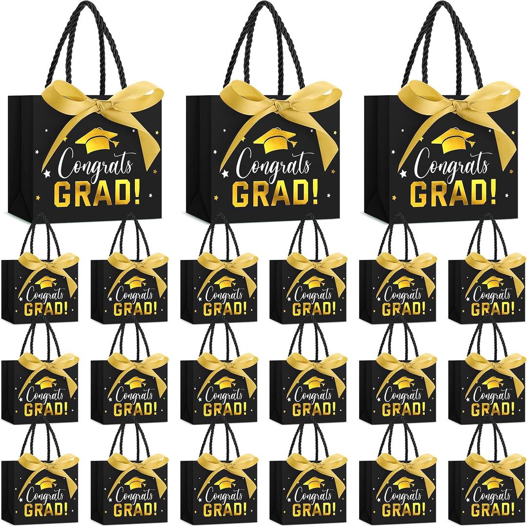 Jetec 45 Pack 2026 Graduation Gift Bags Bulk Small Congrats Bags with Handle and Bow Ribbon 5.5 x 4.7 x 2.5 Inch Grad Paper Treat Gifts Party Favor Supplies for College High School(Black Gold), 1 Count