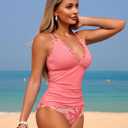 ZAFUL Womens Tankini Swimsuits Smocked 2 Piece Bathing Suits Modest Tie Back Swimwear (Pink, XL)