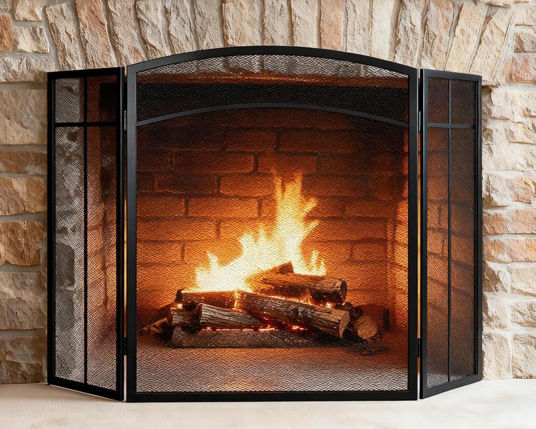 Gtongoko Fireplace Screen 3 Panel 48" W x 29" H Wrought Iron Metal Decorative Fire Spark Guard Cover for Living Room, Fits Most Standard Fireplaces, Black