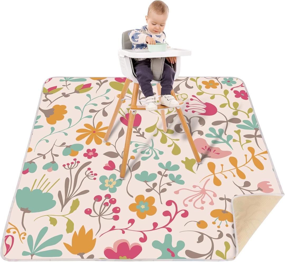 Welspo Splat Mat for Under High Chair, Washable Large Baby Splash Mat, Anti-Slip Silicone Spot Waterproof Floor Mat, Food Catcher Art Craft Leak Proof Mat(White Flower, 51inch X 51inch)
