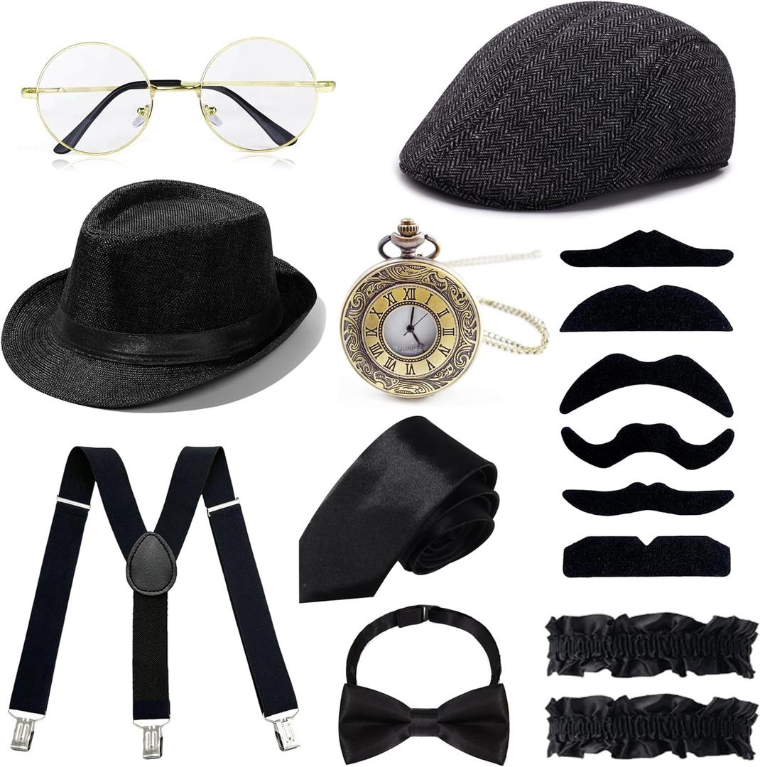 1920s Mens Costume Accessories Outfit Fedora Hat Vintage Roaring 20s Costumes Gangster Accessories for Gatsby Party (Black)