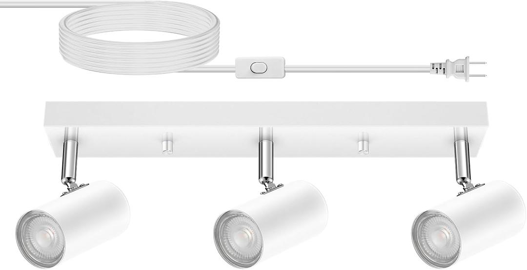 3 Light Track Lighting Kit,White 3 Way Flexible Plug in Ceiling Spotlight,Industrial LED Wall Light for Kitchen Cabinet Gallery Bar Hallway Living Room,Rocker Switch,15 ft Cord(No Bulb)