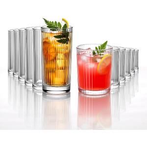 12PCS Ribbed Drinking Glasses - 6 Highball Glasses 8oz， 6 Rocks Glass Cups 11oz， Ribbed Cocktail Glasses, Ideal for Wine, Whiskey, Ice Coffee Cup, Water, Juics, Beer, Mixed Drinkware