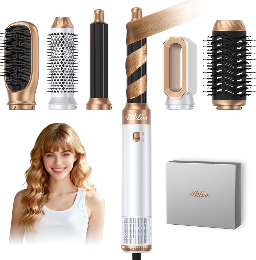 Ukliss 6 in 1 Hair Dryer Brush with Auto-Wrap Curling & ALCI Plug, Ionic Hot Air Brush for Frizz-Free Salon Blowouts at Home, 3 Heat Settings for Fine to Normal Hair