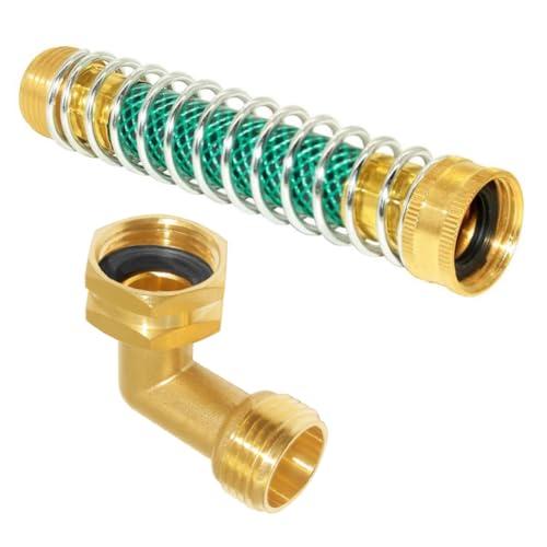 Joywayus 3/4" GHT Garden Hose 90-Degree Elbow Brass Connector and Hose Kink Protector with Coil Spring Extension Adapter Kit for RV Water Hookups and Residential Outdoor Faucets