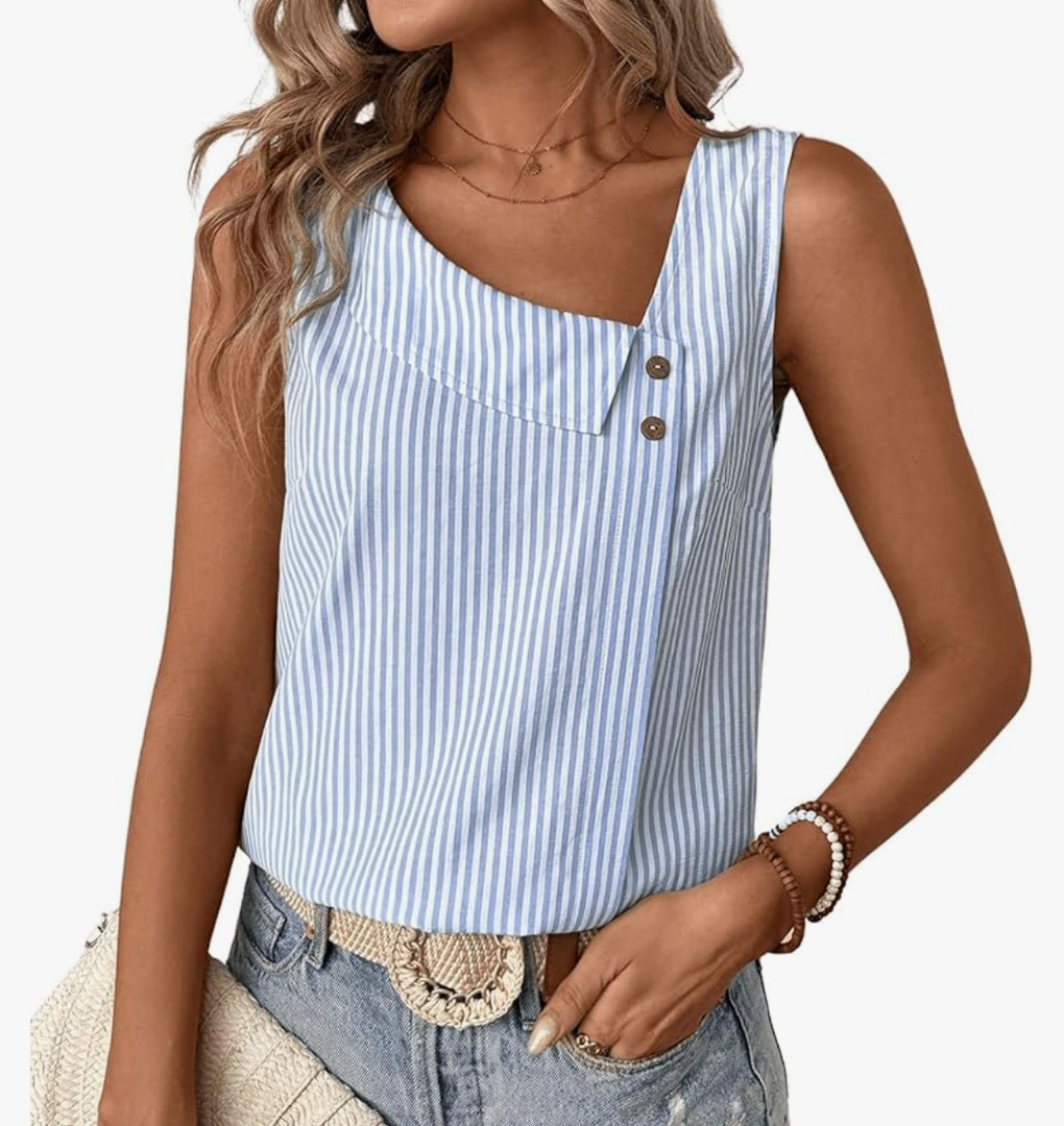 Women's Button Asymmetrical V Neck Striped Print Blouses Casual Sleeveless Tank Top Summer Shirt Tops Size L