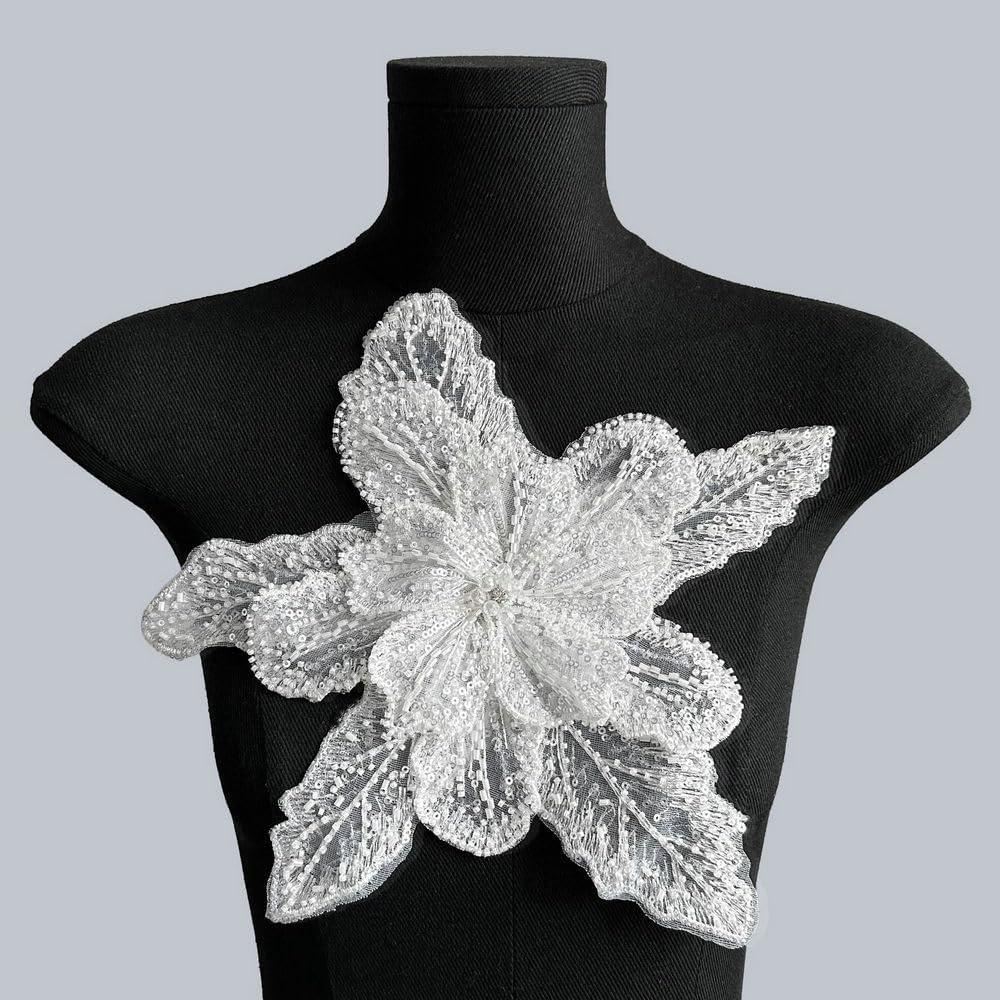 Embroidered Lace Applique Sequin Beading Decoration/Clothing Accessories/Wedding Headwear/Wedding Stickers Flowers (Bright white)