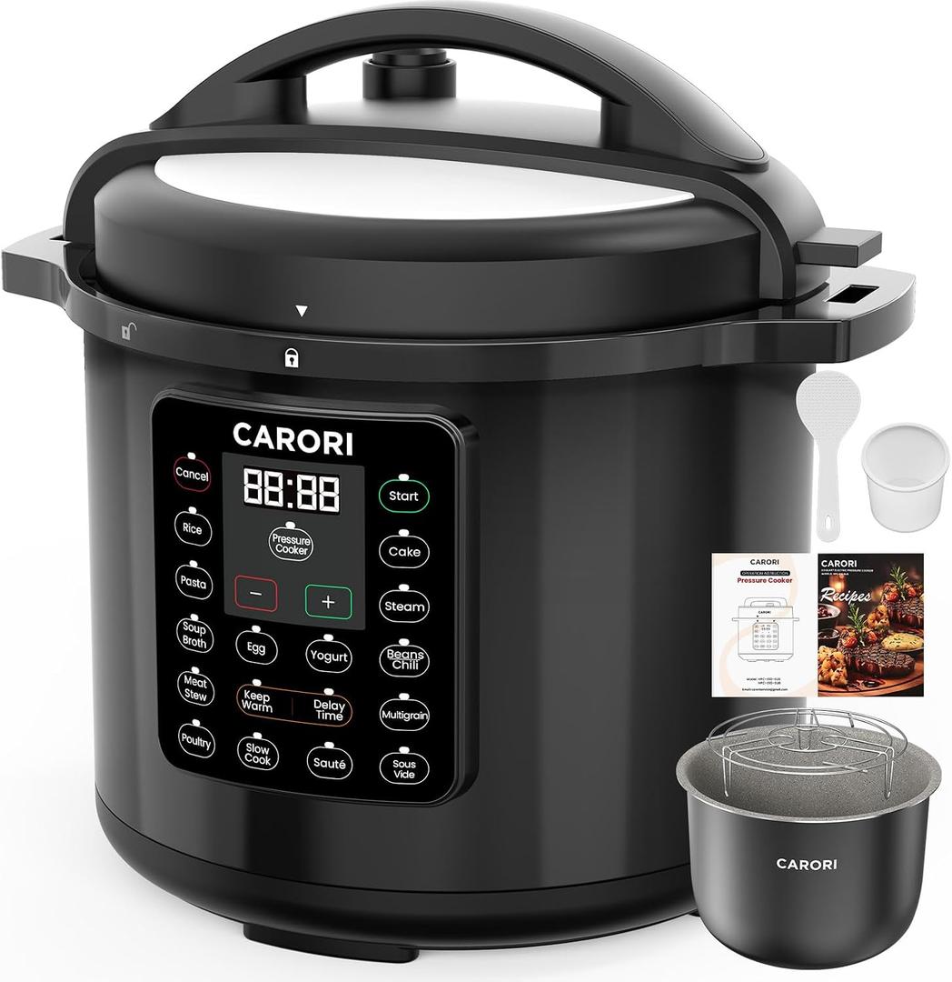 CARORI 8Qt 12-in-1 Electric Pressure Cooker, 1200W, Quick Meals, Time-Saving, Healthy, Easy Cooking Appliance, Slow,Rice,Steamer, Sauté, Yogurt Maker, Warmer & Sterilizer,Safer Venting Design, Black