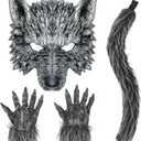 HyperFun Werewolf Costume Halloween Wolf Mask Gloves and Tails Set, Realistic Wolf Costume Cosplay Accessories Kit